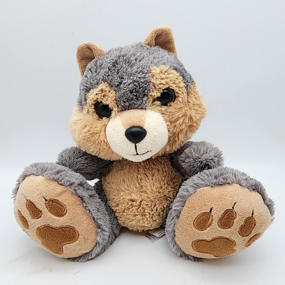 Aurora Wolf Pup Stuffed Plush Toy 10" Big Paws Feet Gray Brown Fur Beanie 2017